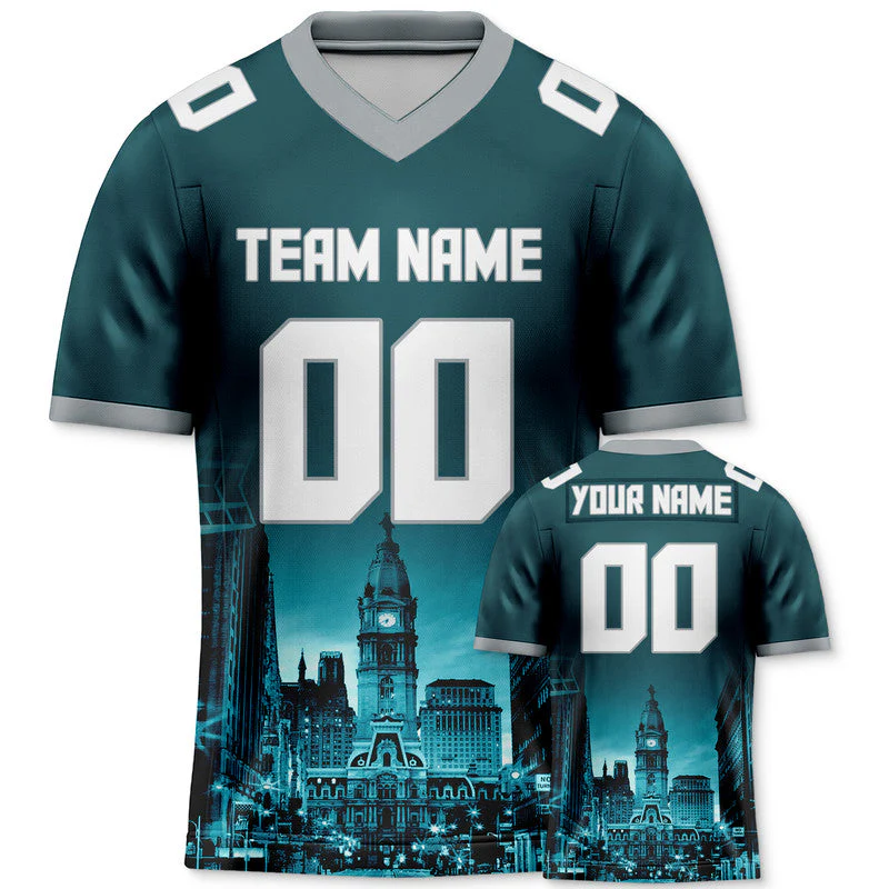 Custom 3D City Night Aqua White-Gray Authentic Football Silhouette Jersey