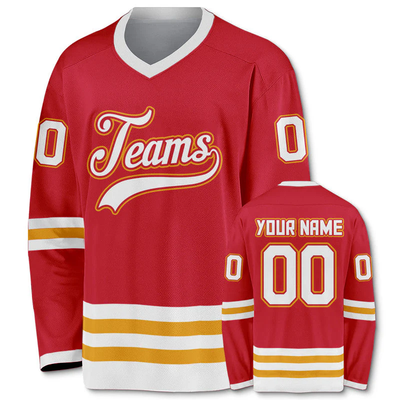 Custom Red White-Gold Authentic Hockey Jersey