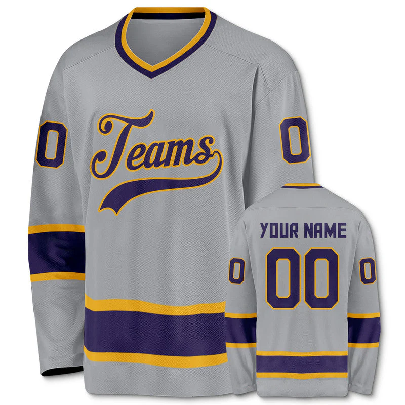 Custom Gray Purple-Gold Authentic Hockey Jersey