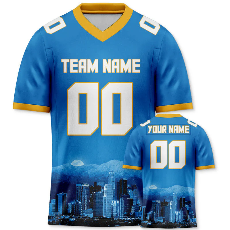 Custom 3D City Night Powder Blue White-Gold Authentic Football Silhouette Jersey