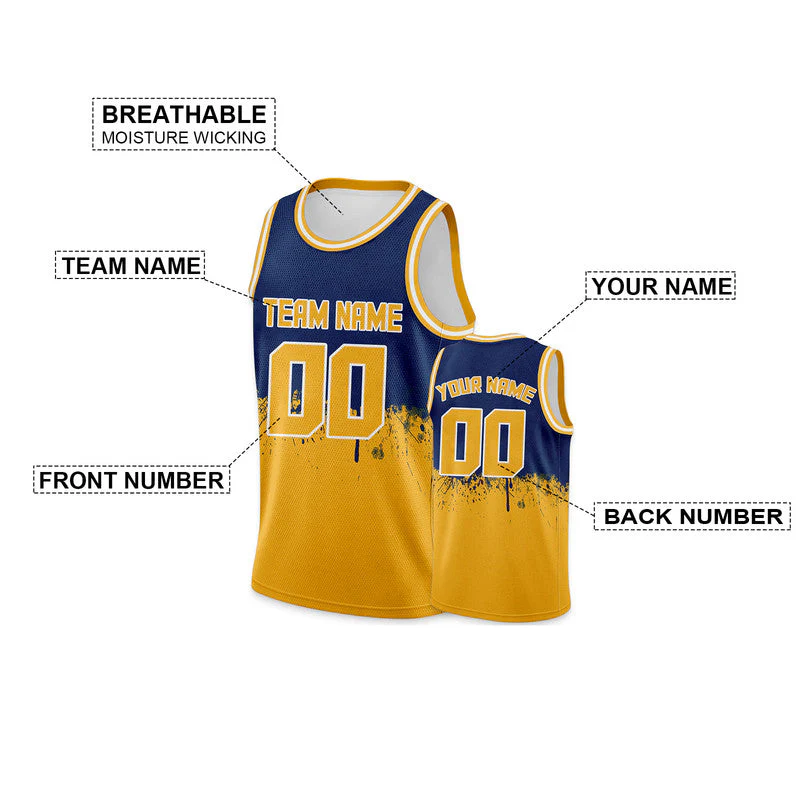 Custom Navy Gold-White Authentic Spilt Fashion Basketball Jersey