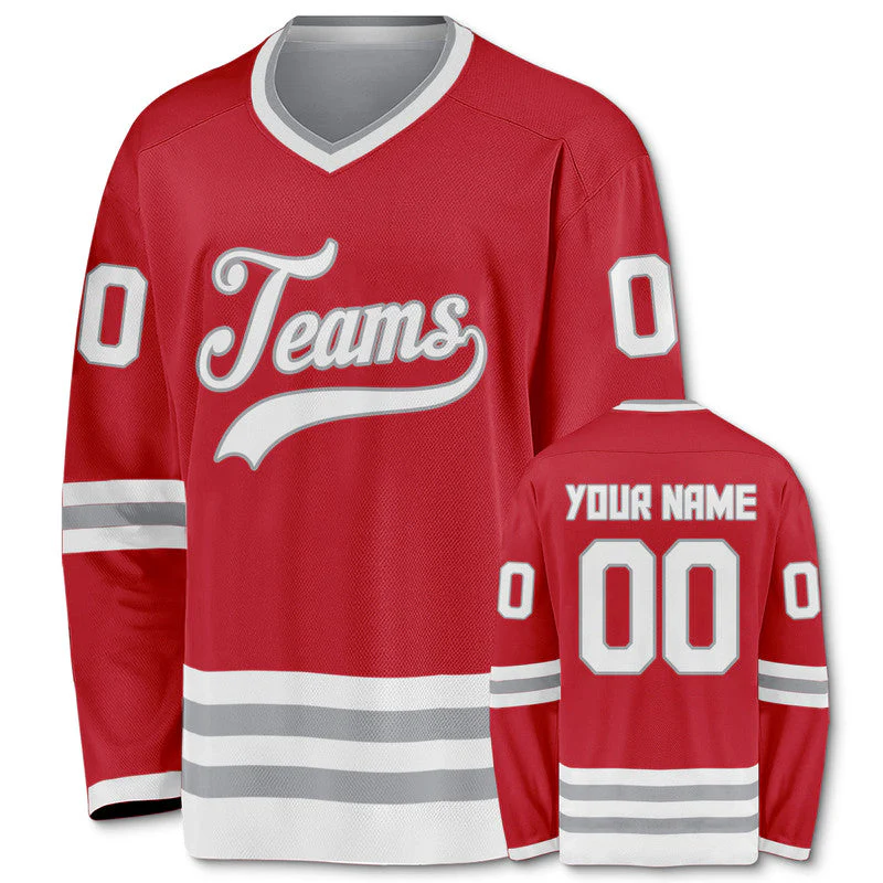 Custom Red White-Gray Authentic Hockey Jersey1