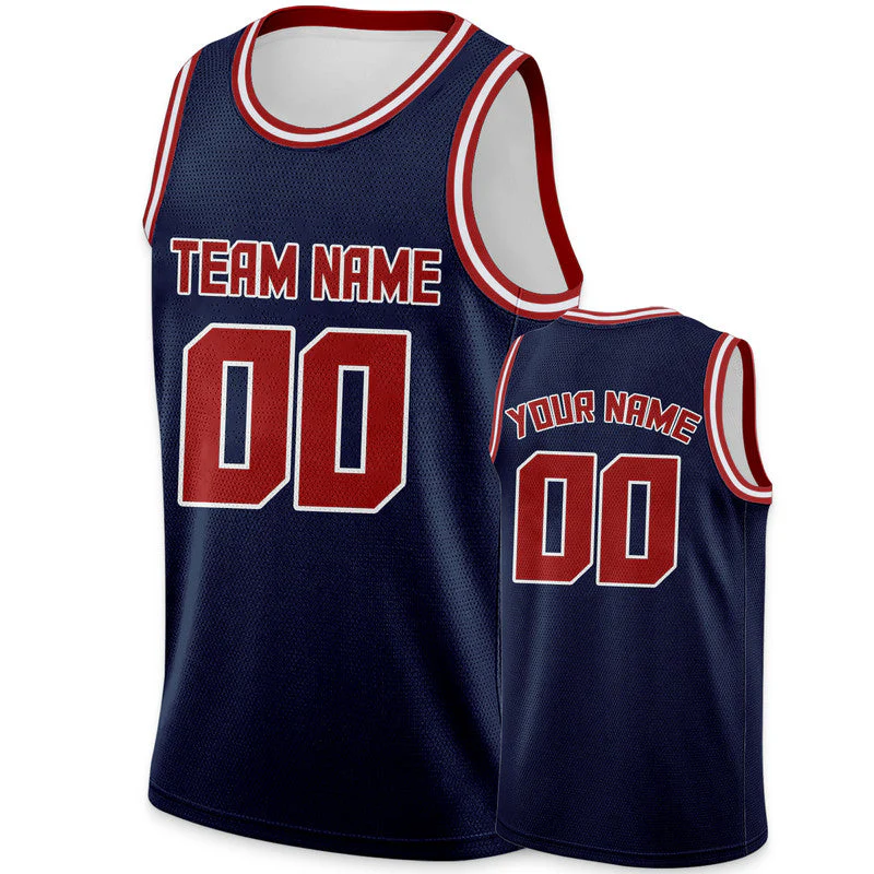 Custom Navy Red Round Neck Rib-Knit Basketball Jersey